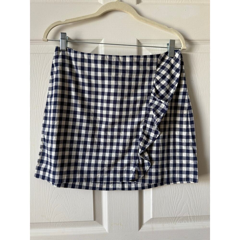 Express Blue‎ White Gingham Ruffle Wrap Mini Skirt Size 6 Coastal Country Preppy